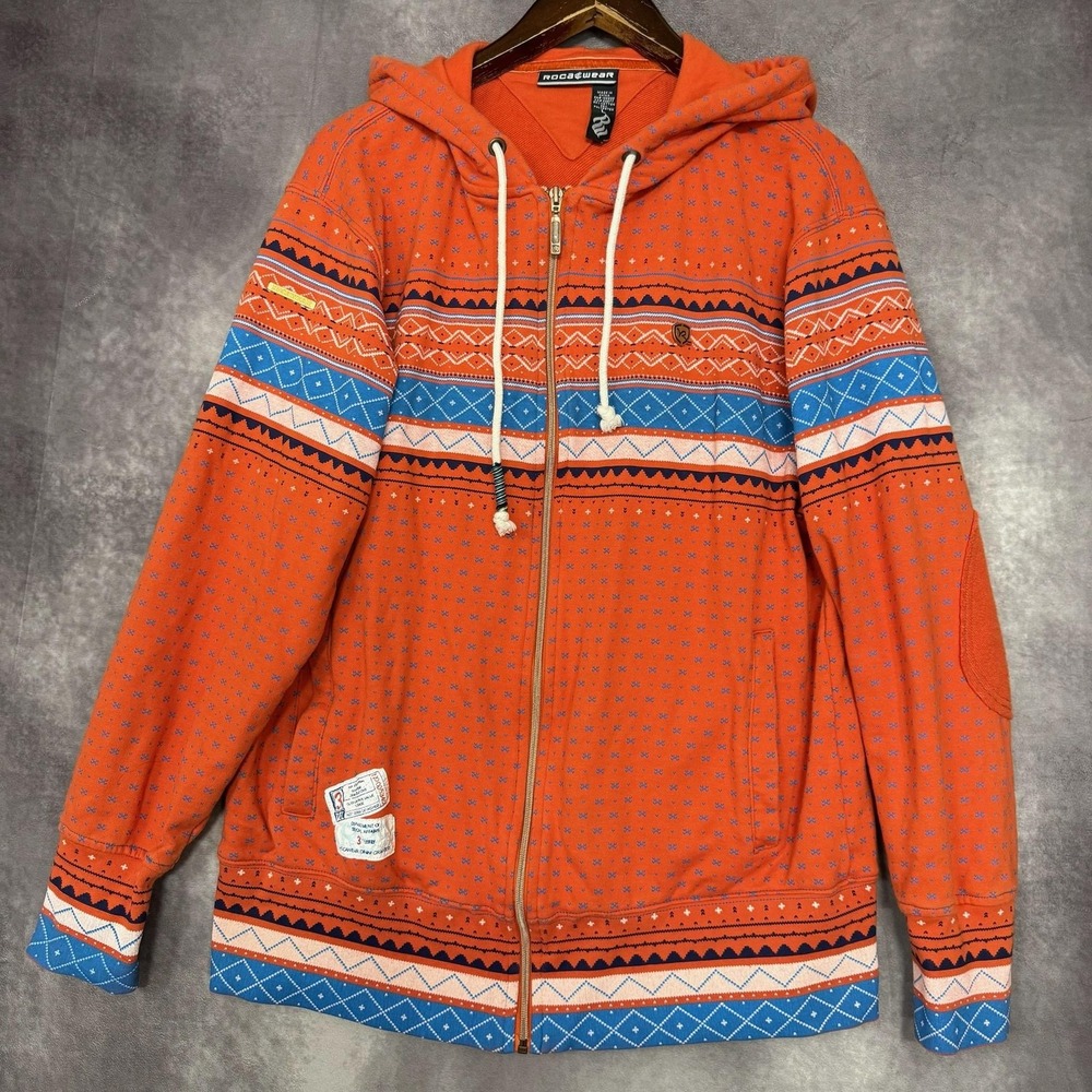 VTG Rocawear Hoodie Mens Large Orange Full Zip Aztec Print‎ Sweater